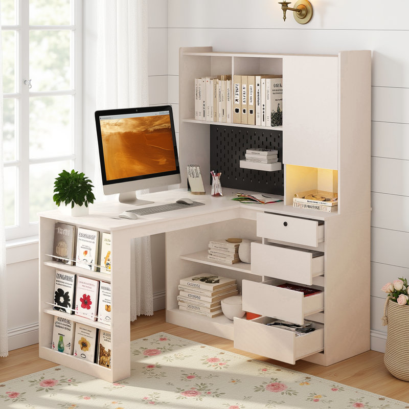 L-Shaped Corner Computer Desk with USB Charging Ports, Power Outlets, Writing Desk with Cabinet, Bookshelf, White