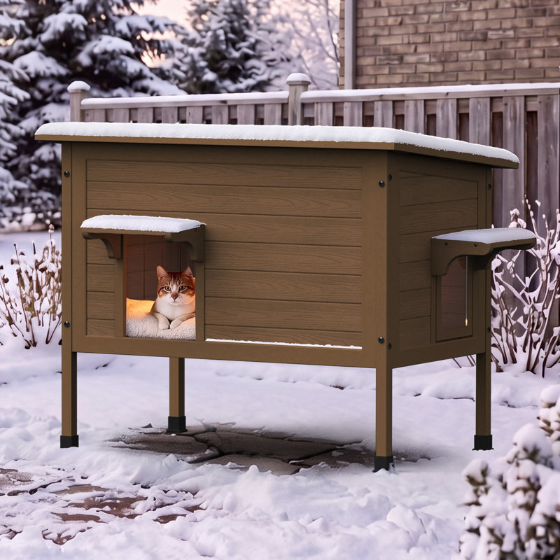Maison pour chat d'extérieur en bois massif chauffé avec coussin chauffant, Brun