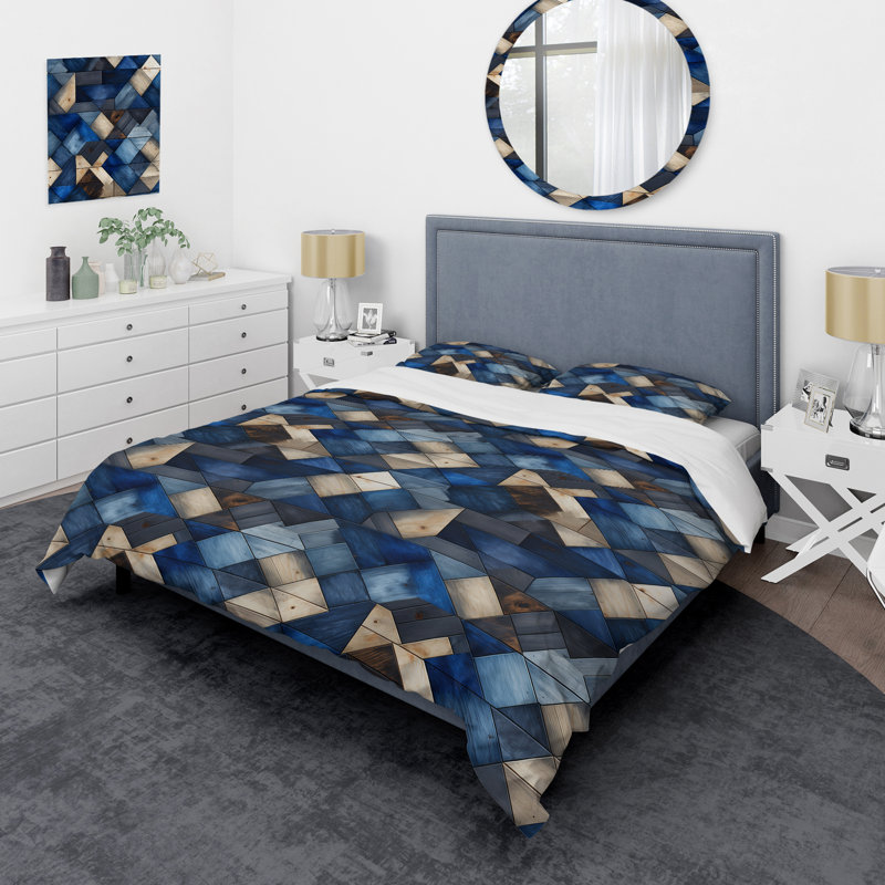 Ensemble de housse de couette géométrique beige et bleu à motif de tuiles Symmetry I