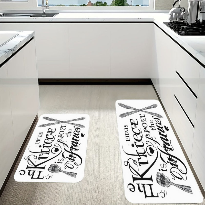 Kitchen Laundry Room 2 Pack Typography Print Black White Kitchen Mats