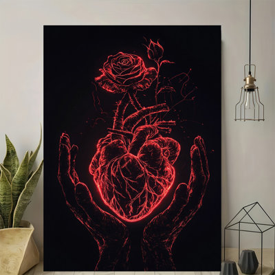 Reproduction sur toile Edgy Neon Red Anatomical Heart & Rose - Urban Studio