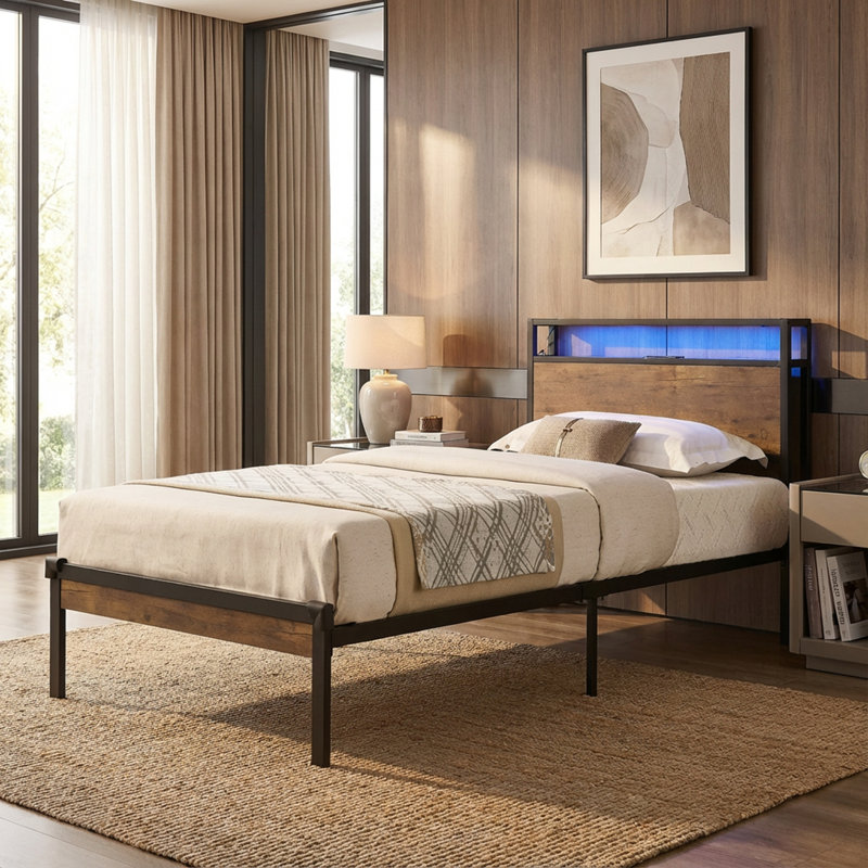 Ebern Designs Twin Size Metal Platform Bed Frame With Wooden Headboard ...