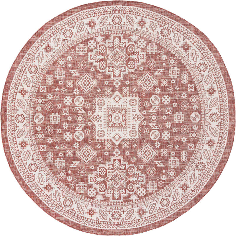 Tapis intérieur / extérieur rouge rouille en polypropylène tissé à la machine Archange, Rond 10pi