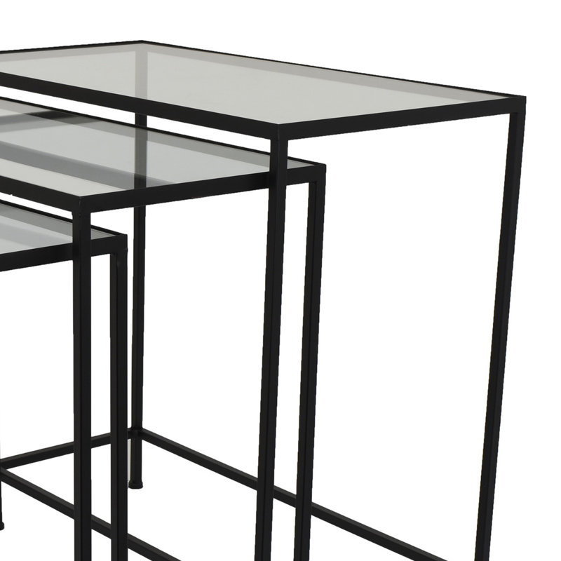 Pix Nesting Plant Stand Table Set Of 3, Black Metal, Rectangular Glass