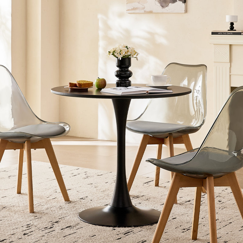 5-Piece Modern Dining Set, 31.5" Black Round Tulip Table with 4 Clear Grey Acrylic Chairs, 31.5" Black Table