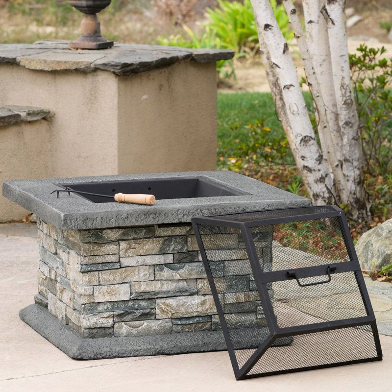 28" Square Fire Pit - Fiberglass Reinforced Cement For Durability, Iron Assurance, Simple Assembly Kit With Tools & Instructions Included, Stone Gray Appearance, Enhances Beauty Of Your Backyard And