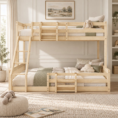 Javier Modern Pine Wood Bunk Bed with Built-In Bookshelves and Angled Ladder