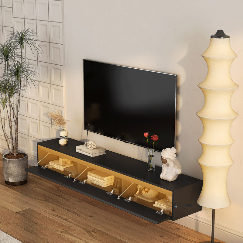 Floating TV Stand, Wall Mounted TV Shelf With Led Lights & Power Outlet,High Gloss TV Cabinet, 9.87”H x 68.93”L x 11.83”W