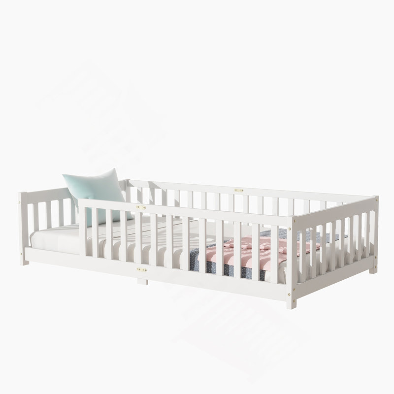  Bed with Fence ,Rubber Wood Floor Bed with Safety Guardrails, Twin, White