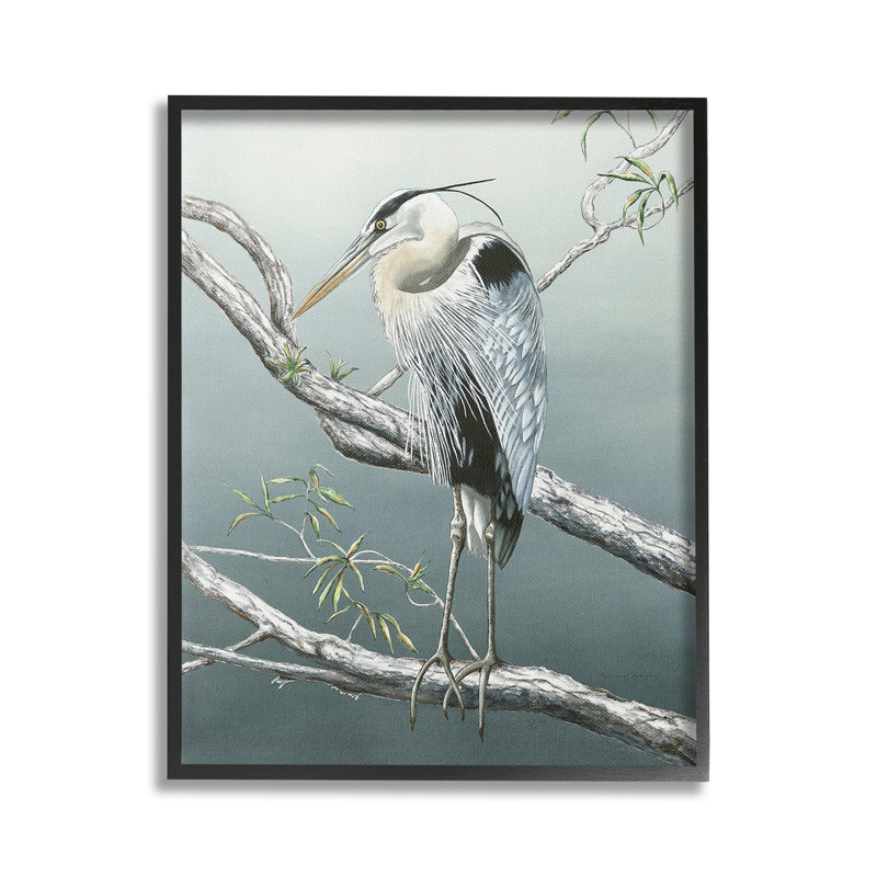 Héron traditionnel sur branche, estampe numérique par Christine Reichow, Giclée encadrée noir minuit, H 30 po x l 24 po