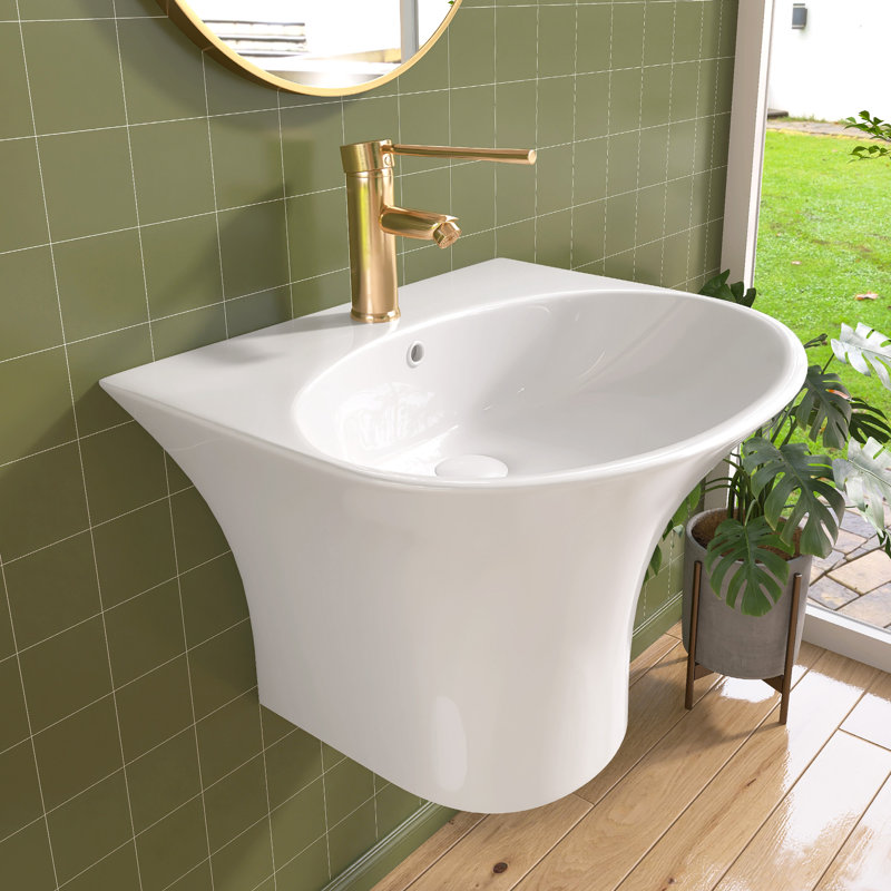 Compact Wall Mount Bathroom Sink 22 Inches White Ceramic Arc Wall Hung Vessel Floating Sink With Overflow And Single Faucet Hole