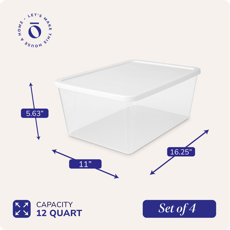 Homz Stackable Plastic Storage Container, White, 12 QT, 4 Pack