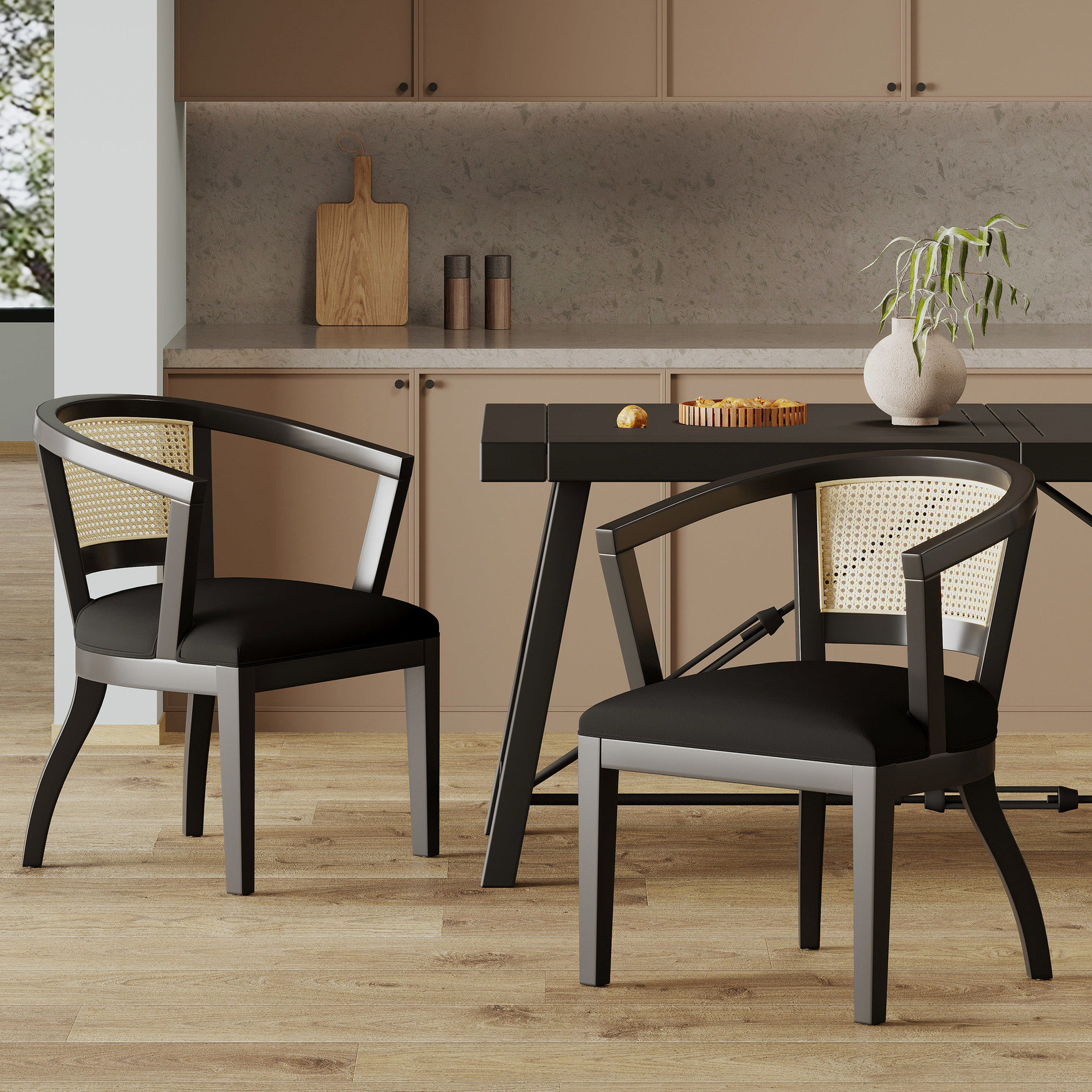 One Allium Way Of 2 Dining Chairs, Black Velvet Upholstery, Cane ...