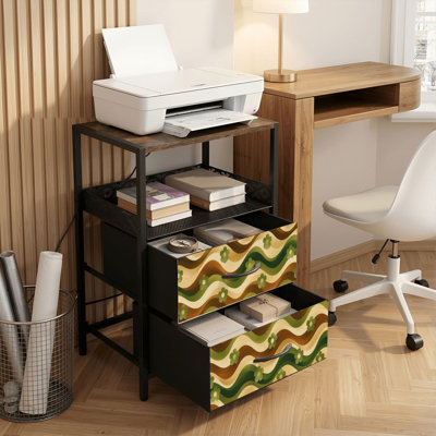 Table de chevet 2 tiroirs avec station de charge, table de chevet pour chambre à coucher avec ports USB, tablette ouverte noire, table de chevet avec imprimé rétro géométrique vert olive à motif floral des années 70