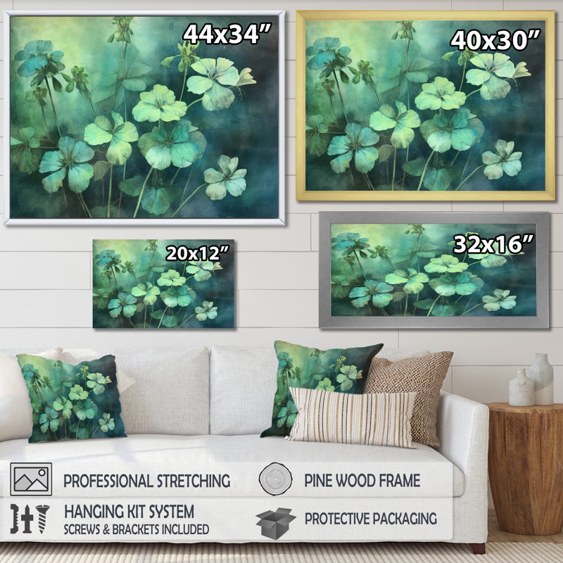 «Green Teal Geraniums Flower Euphony», reproduction sur toile, H 30 po x l 40 po x P 1 po, Cadre photo argenté
