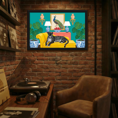 Animaux, paon, léopard, canapé, plantes, vases, lampe