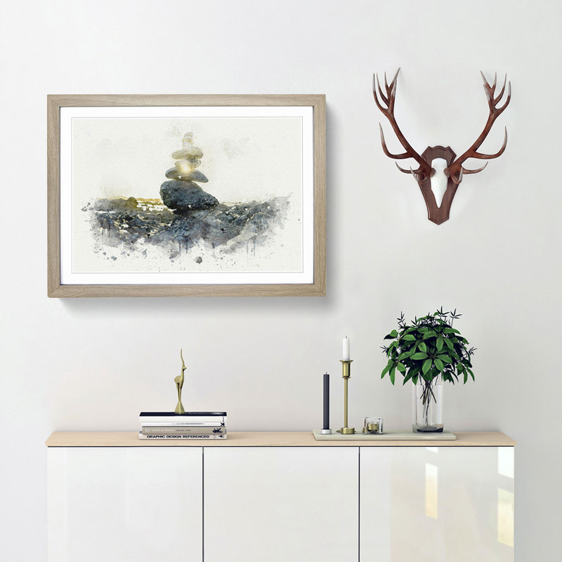 Rock Cairns with Sunlight in Abstract - Picture Frame Graphic Art Print, Oak, 50cm H x 76cm W x 2cm D