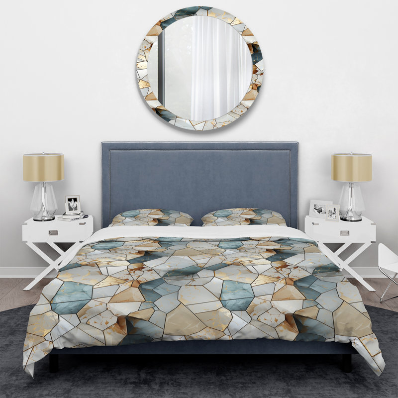 Natural Tones Grey And Beige Mosaic Geometric Shapes Duvet Cover, Twin Duvet Cover + 1 Standard Sham, Marble 1