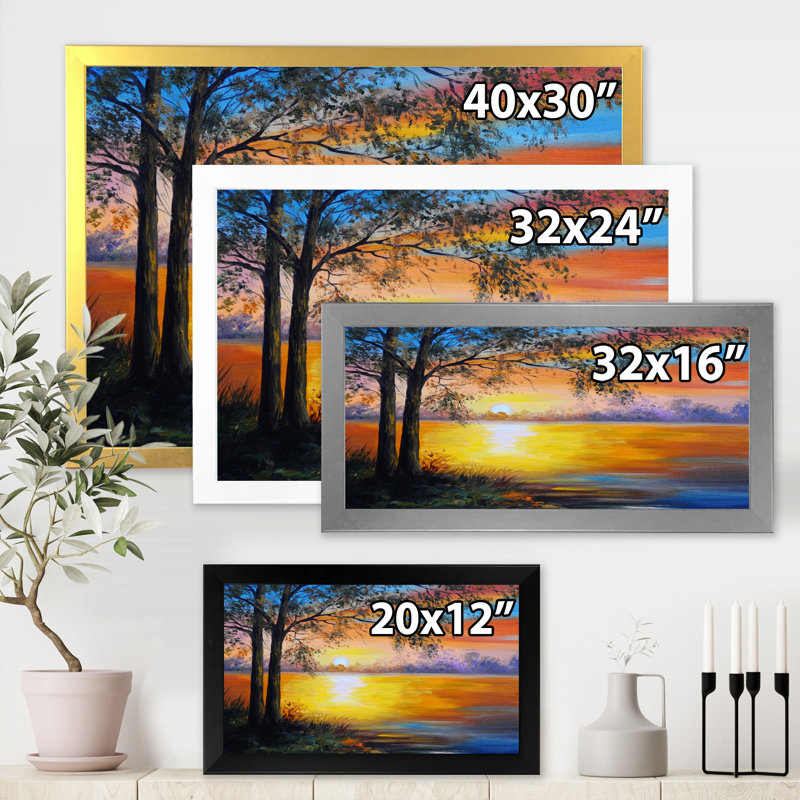 Arbre du soir près du lac - Peinture sur toile, H 24 po x l 32 po x P 1 po, Cadre blanc