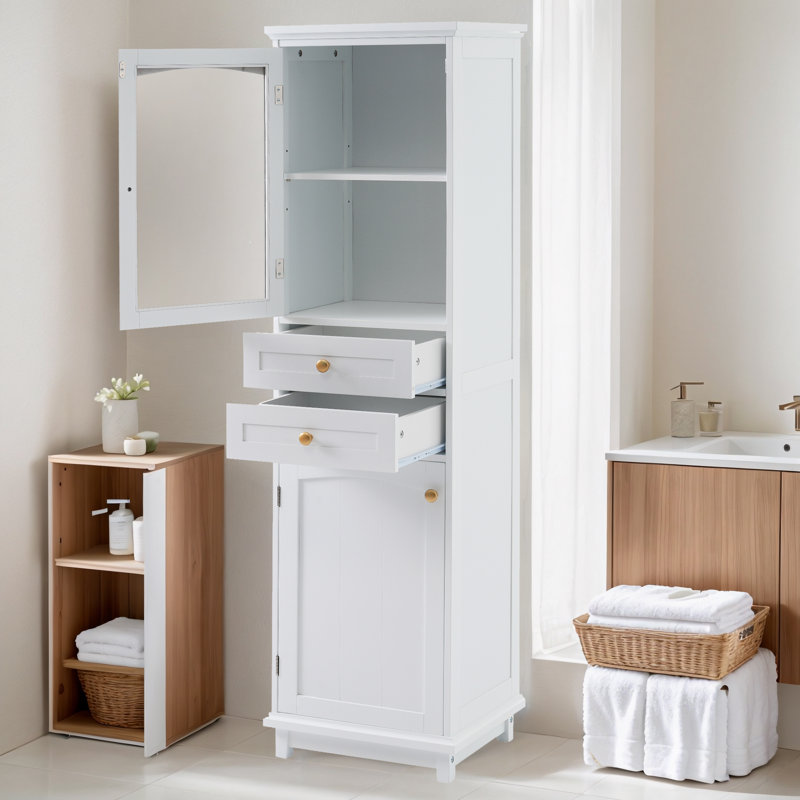 Armoire de salle de bain autoportante avec tiroirs, Blanc