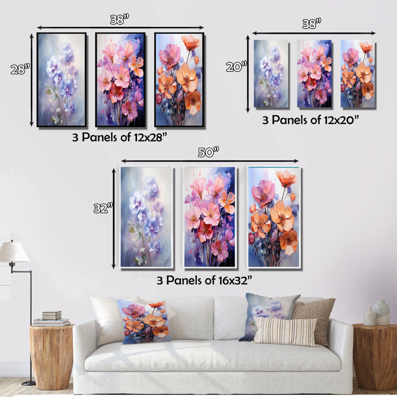 «Violets Romantic Impression», 3 pièces sur toile, Toile tendue, H 20 po x l 36 po