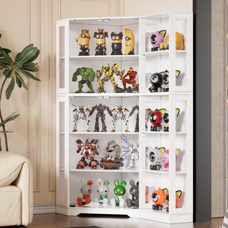 Vitrine d'angle avec portes vitrées, vitrine en verre avec lumières à DEL pour objets de collection, tablettes de rangement pour le salon, blanc