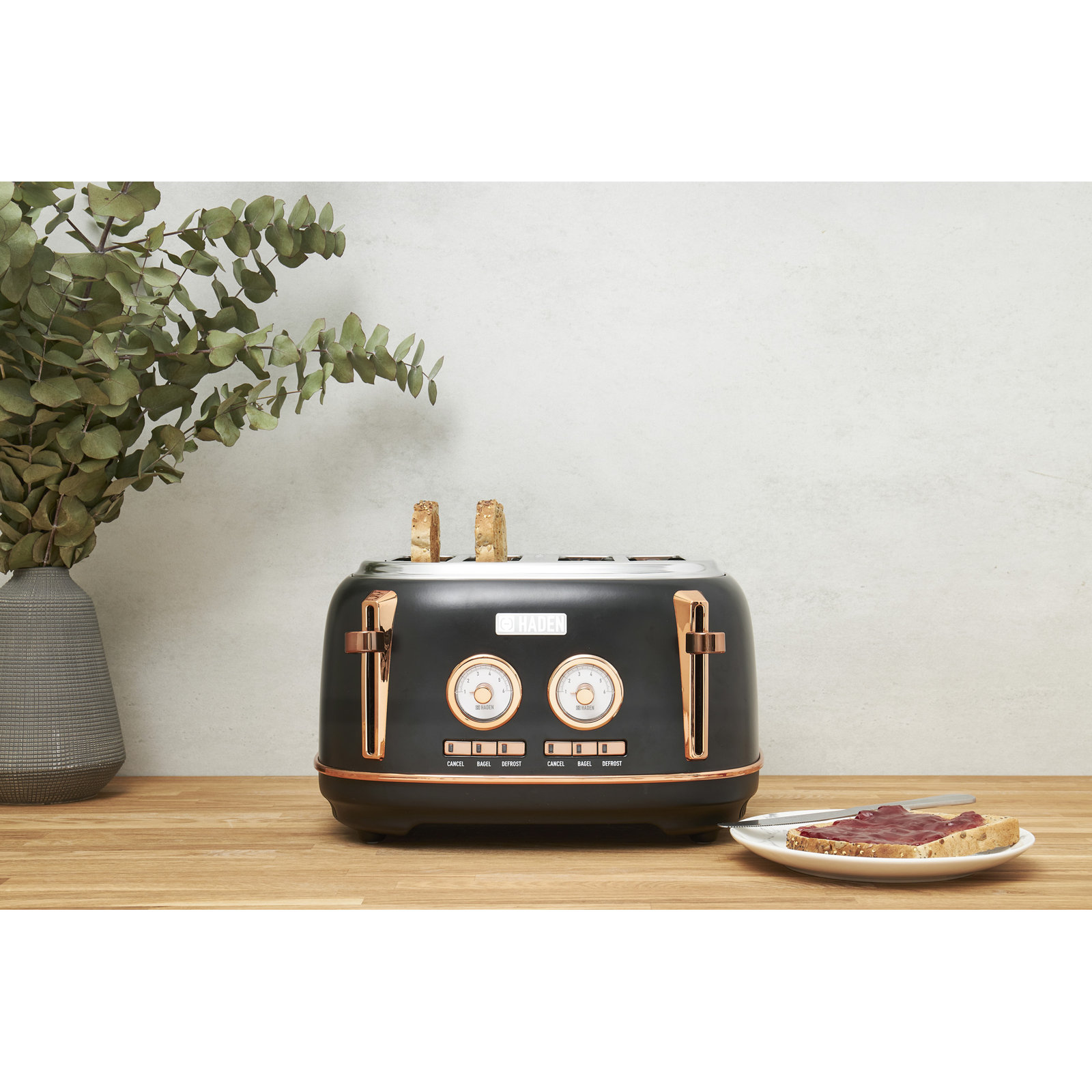 HADEN Dorset 4-Slice Wide Slot Toaster, Black/Copper
