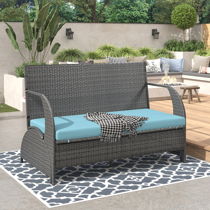 Banc d'extérieur convertible contemporain 2 en 1 en osier PEHD, Bleu