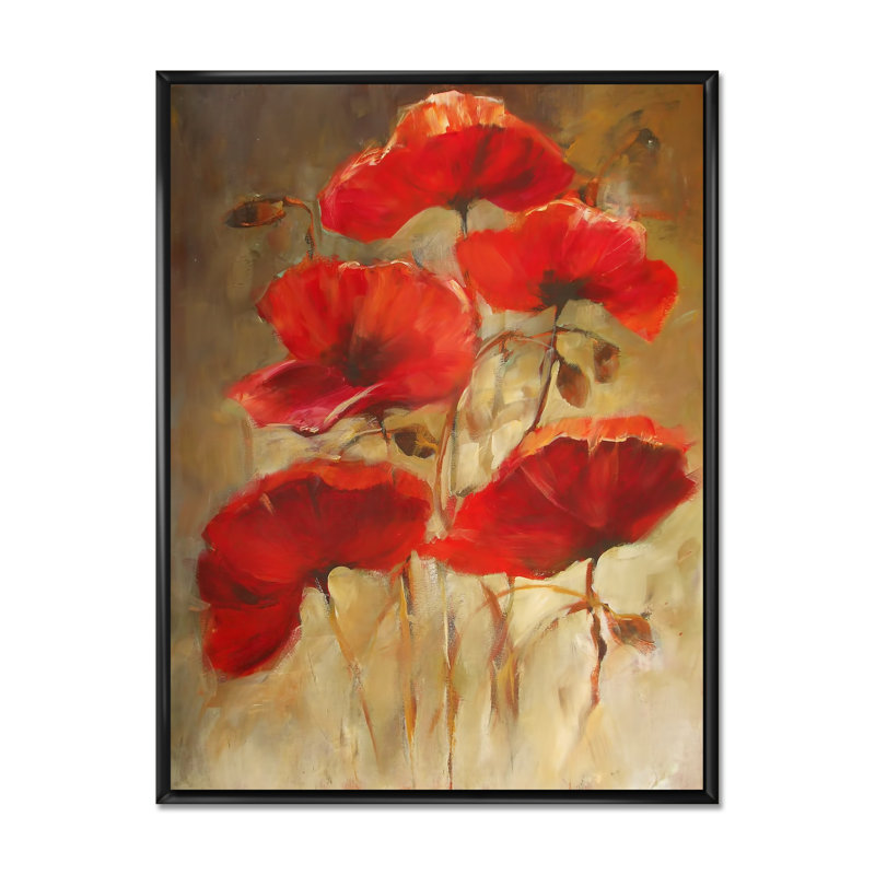 «Red Blossoming Poppies II», œuvre d'art traditionnelle sur toile, H 20 po x l 12 po x P 1 po, Cadre flottant noir