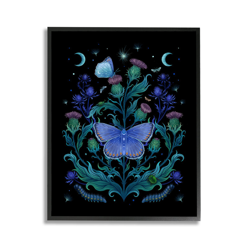 "Floral Night Sky Butterfly", art de la giclée encadrée par Episodic Dessins, Giclée encadrée noir minuit, H 14 po x l 11 po
