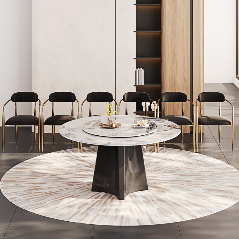 Dining Table Set With 51'' Round Faux Marble Table Top With Lazy Susan And 6 Fabric Dining Arm Chairs, Black/Gold
