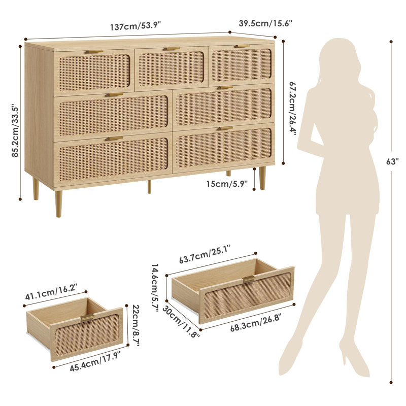 136.9 cm W Chest of 7 Drawers, Yellow