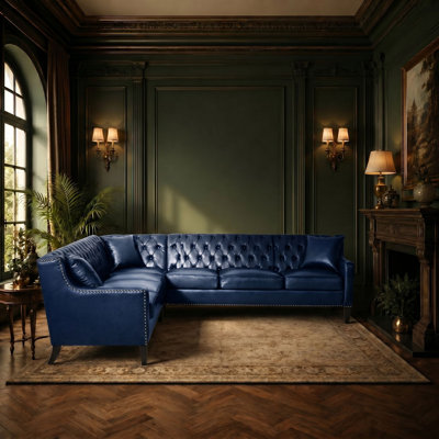 L-Shaped Corner Sectional Sofa, Mid-Century Modern Chesterfield with Button-Tufted Back and Nailhead Trim