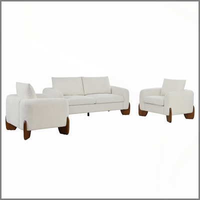 Ensemble de canapé moderne 3 pièces, 1 causeuse et 2 fauteuils, tissu bouclé doux, structure en bois de pin et pieds en bois d'hévéa, canapé modulaire confortable pour le salon et la salle familiale (table basse non incluse)