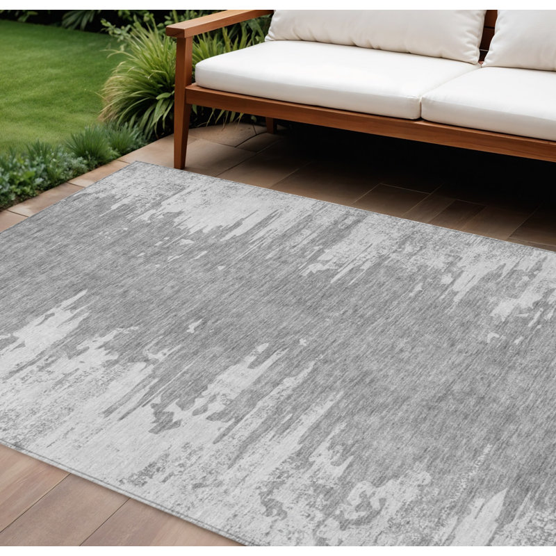 9' X 12' Silver Gray And Ivory Abstract Washable Indoor Outdoor Area Rug
