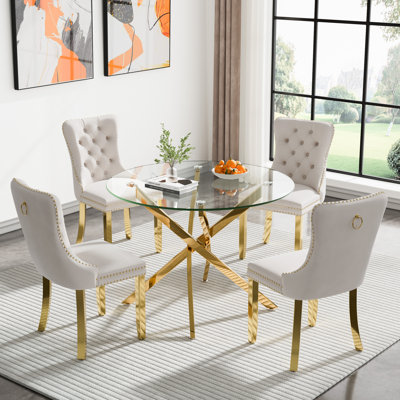 36" Glass Dining Room Table Set for 4, 5-Piece Round Kitchen Dining Table Set with Metal Legs and 4 Velvet Upholstered Chairs, Glass Kitchen Table and Chairs Set