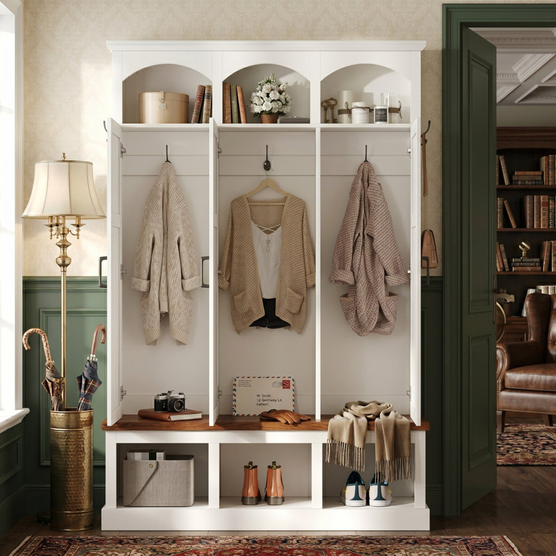 Arched Hall Tree 49.2W x 15.7D x 74.4H with Bench and Storage Cabinets Entryway Coat Rack with Hooks, White