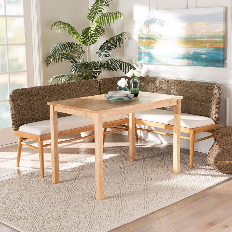 Aafrin Bali & Pari Denver Modern Bohemian Natural Seagrass And Acacia Wood 3-Piece Dining Nook Set
