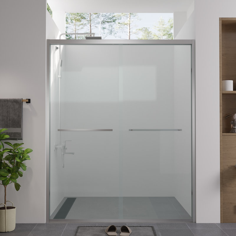 1/4"  6Mm  Chamfer - Edged Tempered Glass Double Sliding Shower Enclosure With Finished Frame, Adjustable Width And Design For Bathroom 56 60" Door Glass, Rust Hardware, American Style