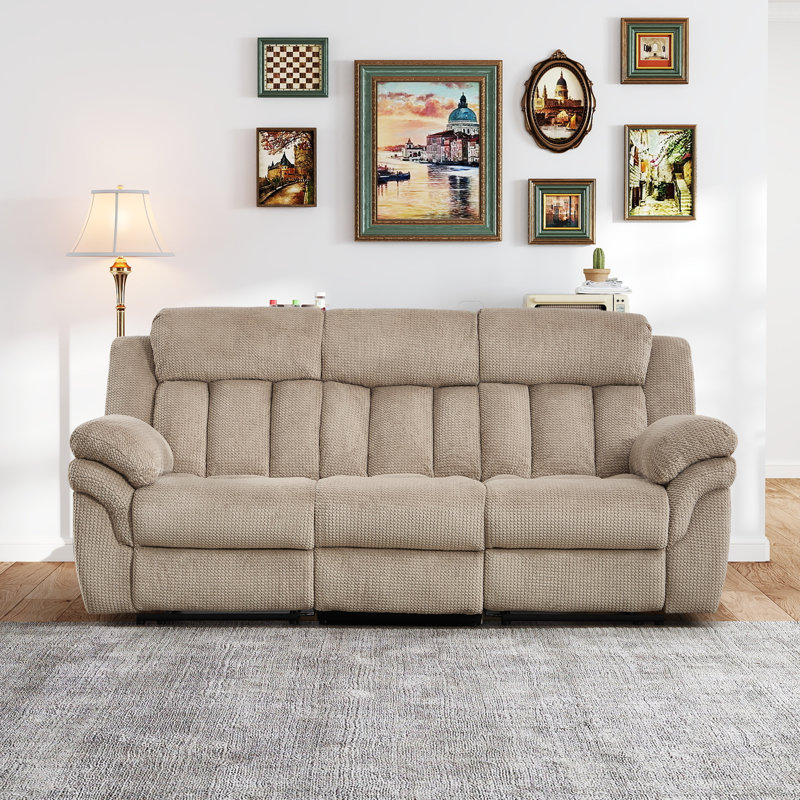 87.4'' Wide Pineapple-Textured Chenille Manual Reclining Sofa With Overstuffed Comfort, Sand