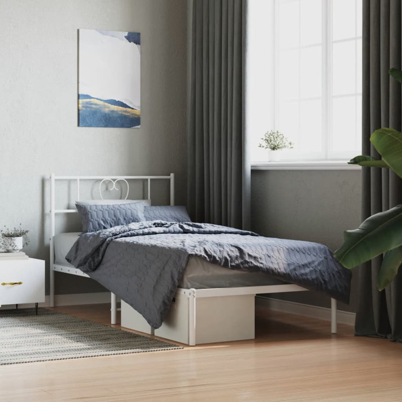 Metal Bed Frame Without Mattress With Headboard, White, 95cm x 207cm