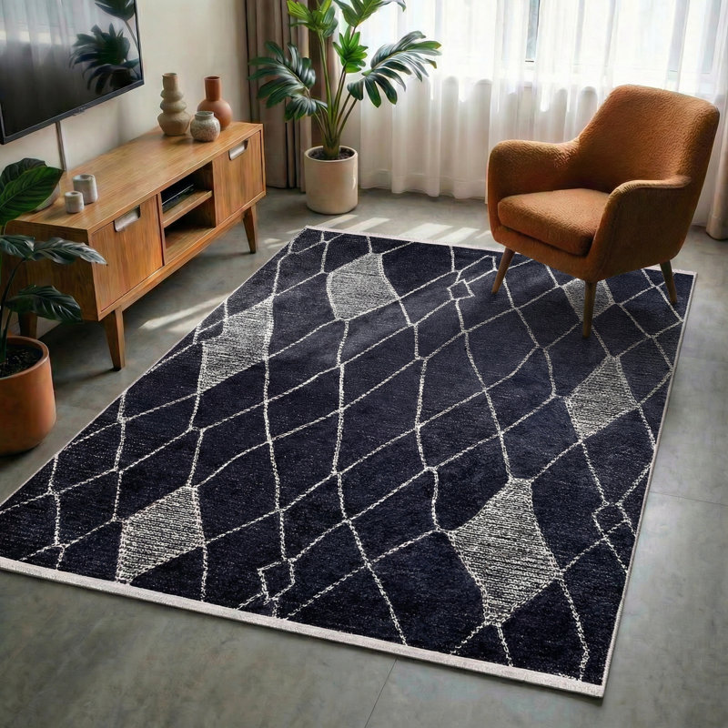 Tapis à imprimé géométrique marocain noir Marlborough, Rectangle 3'4" x 6'7"