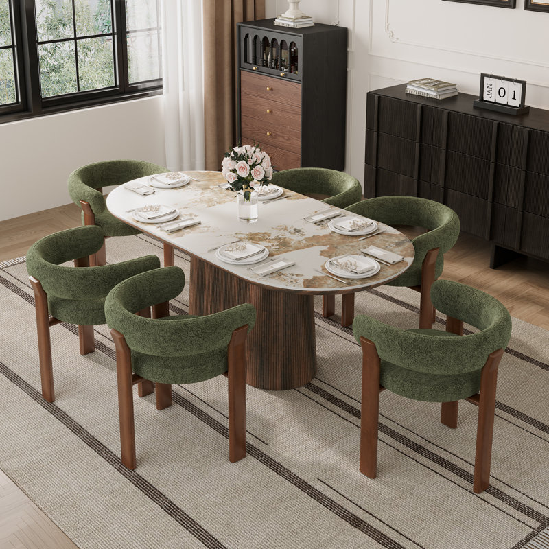 Adwin 6-Person Dining Table Set with Boucle Upholstered Arm Chairs, Green, 7 Pieces: Table, 5 Chairs