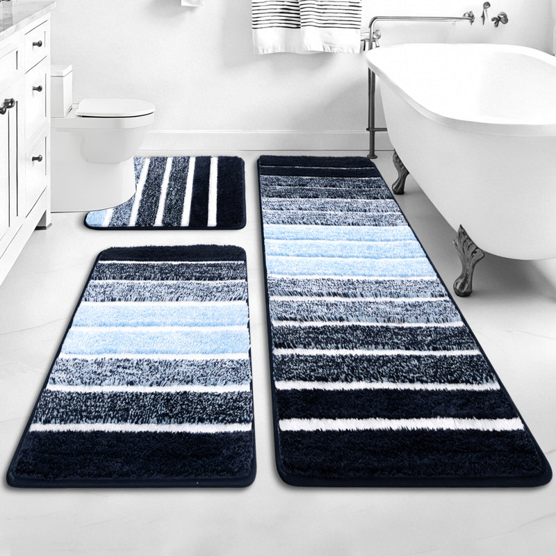 3 Piece Absorbent Non-Slip Bath Rug Set Bathroom Mats, Dark Blue