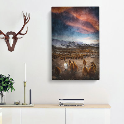 King Penguins And Mountains - Wrapped Canvas