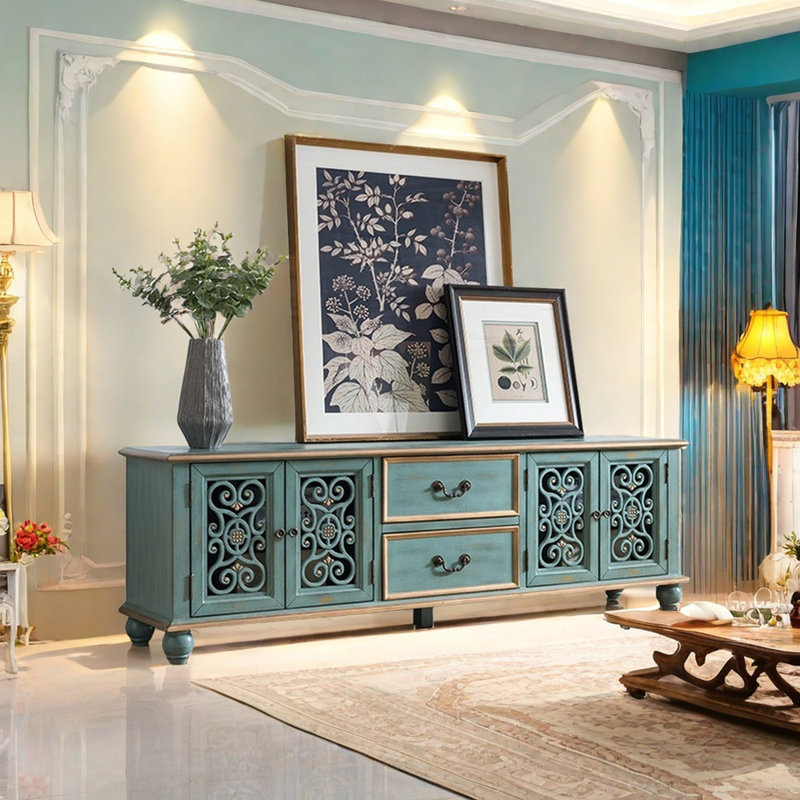 Mediterranean Style TV Stand, Blue/Gold, 70.86"
