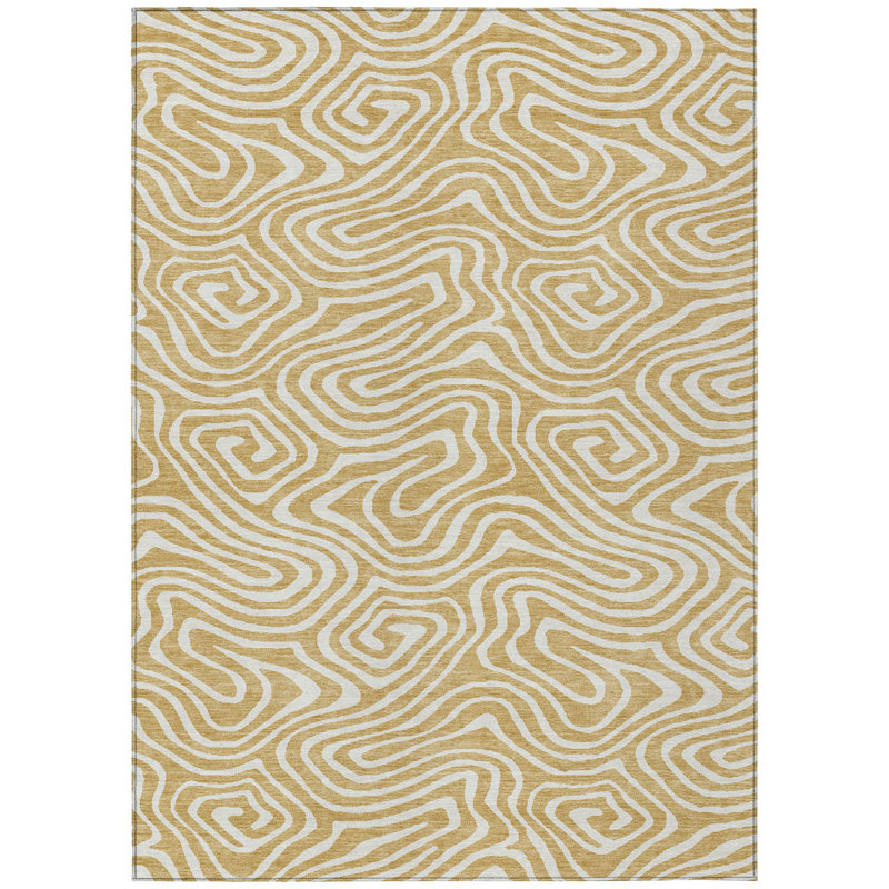 Gold and White Flat Woven Synthetic Rectangular Rug