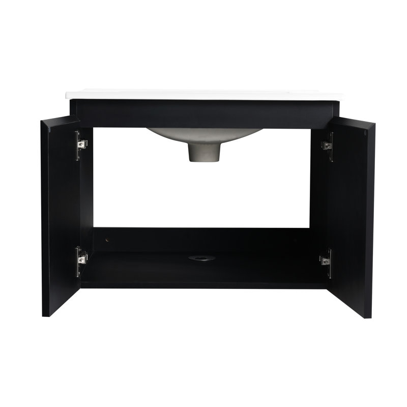 Meuble-lavabo de salle de bain 24 po avec lavabo en céramique et porte à fermeture en douceur - armoire murale d'apparence noire moderne