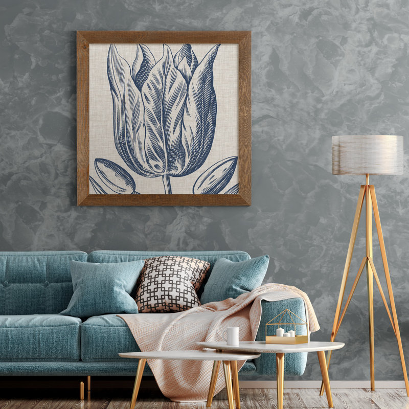 Indigo floral sur lin VI - reproduction encadrée de qualité supérieure - prêt à être accroché - impression encadrée sur papier