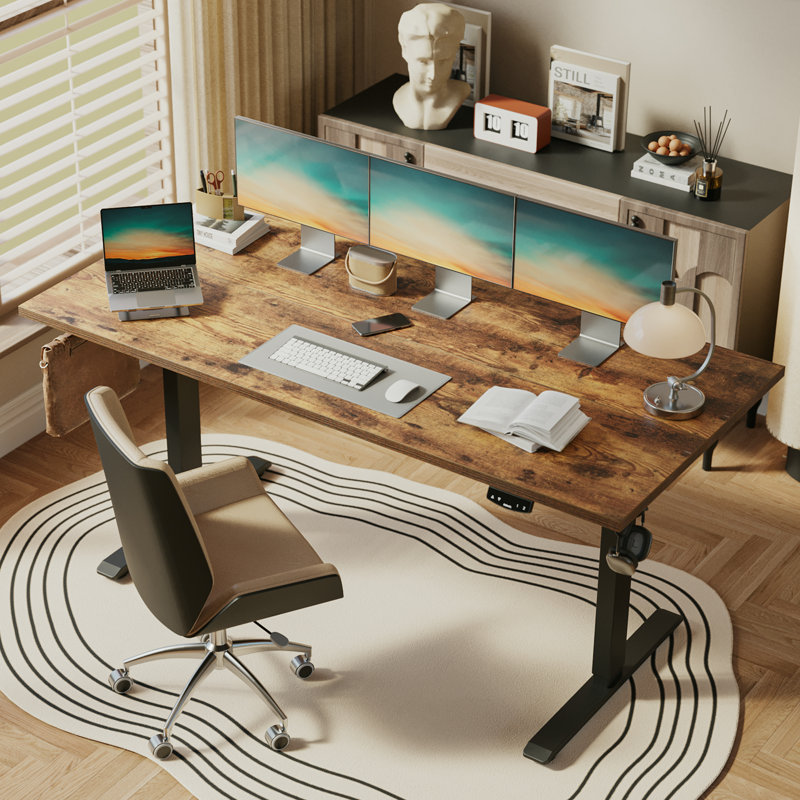 63" Home Office Electric Height Adjustable Standing Desk With Memory Controller, Rustic Brown/Black, 45.7" H x 63" W x 24" D